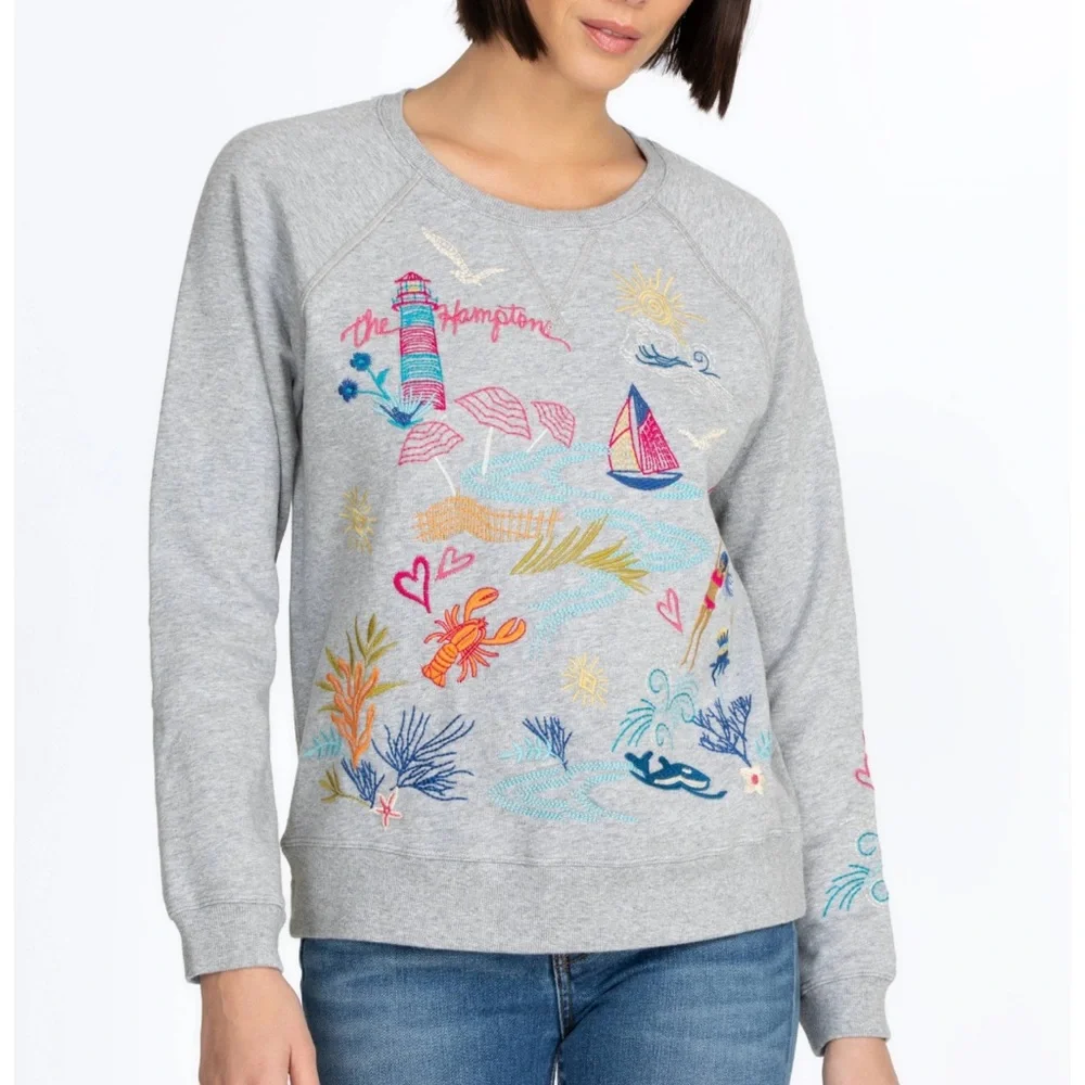 JOHNNY WAS California Raglan Gray Multicolor Embroidery Cotton Sweatshirt Sz XL - Picture 3 of 16